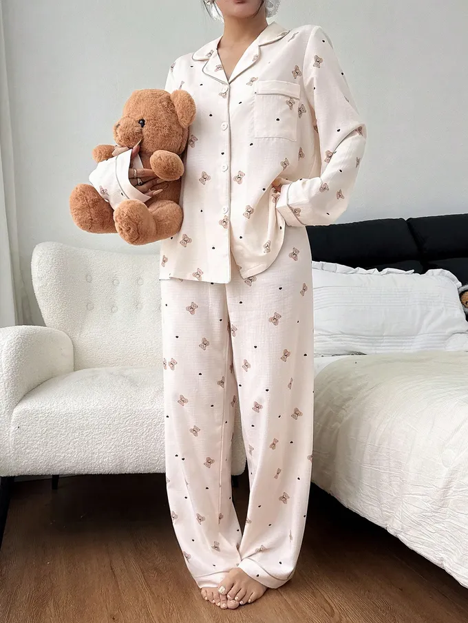 Napfluff Ensemble pyjama femme imprimé ours de dessin animé mignon, haut col et pantalon. Pyjama doux, imprimé ours, vêtements de nuit femme mignons. - Photo 4