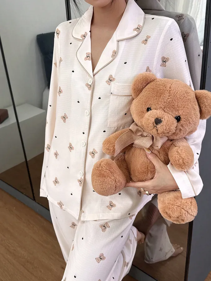 Napfluff Ensemble pyjama femme imprimé ours de dessin animé mignon, haut col et pantalon. Pyjama doux, imprimé ours, vêtements de nuit femme mignons. - Photo 5