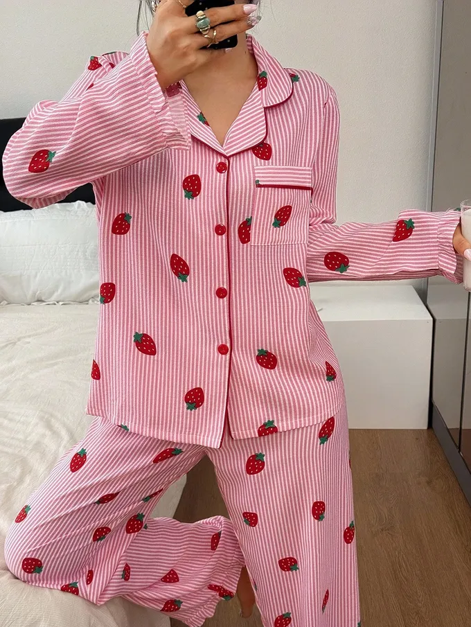 Napfluff Ensemble pyjama femme à volants rayés avec fraise, haut et pantalon