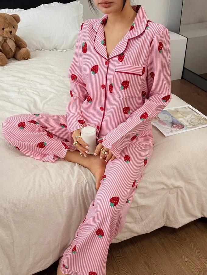 Napfluff Ensemble pyjama femme à volants rayés avec fraise, haut et pantalon - Photo 2