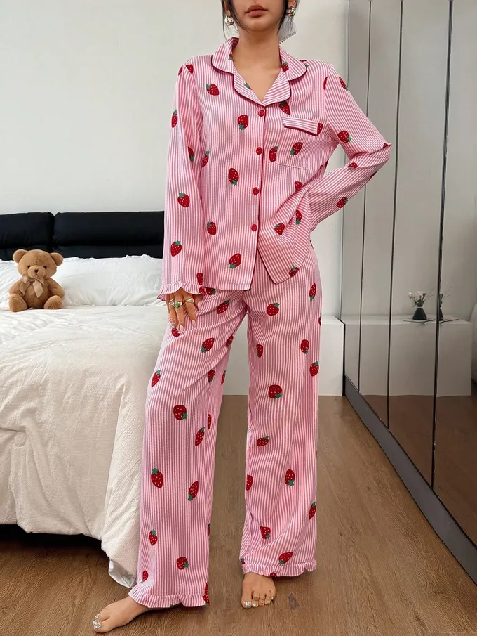 Napfluff Ensemble pyjama femme à volants rayés avec fraise, haut et pantalon - Photo 3