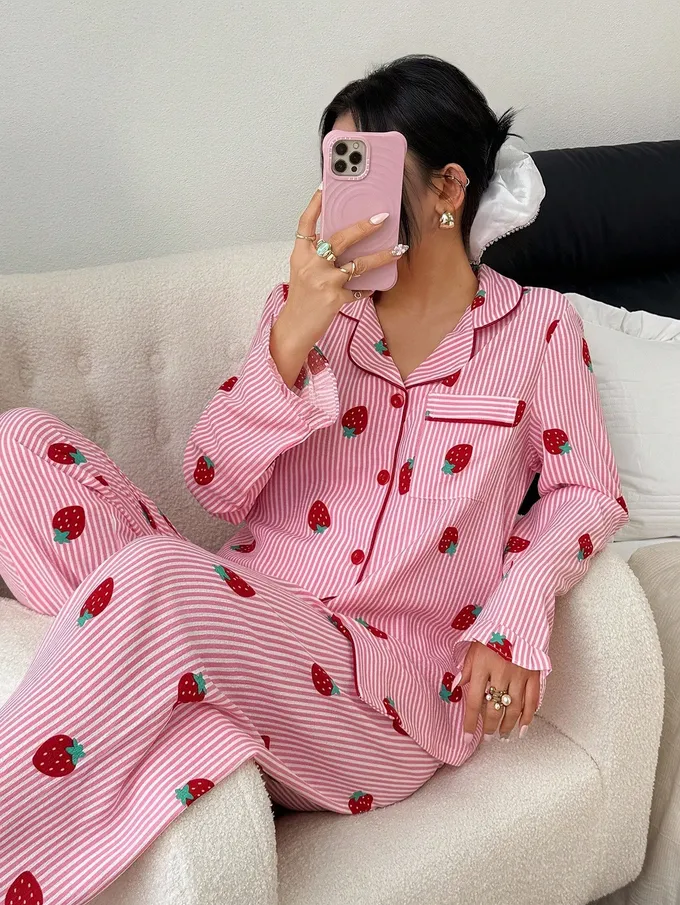 Napfluff Ensemble pyjama femme à volants rayés avec fraise, haut et pantalon - Photo 4