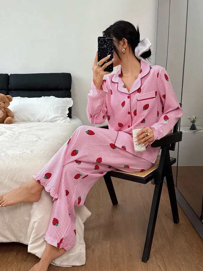 Napfluff Ensemble pyjama femme à volants rayés avec fraise, haut et pantalon - Photo 5